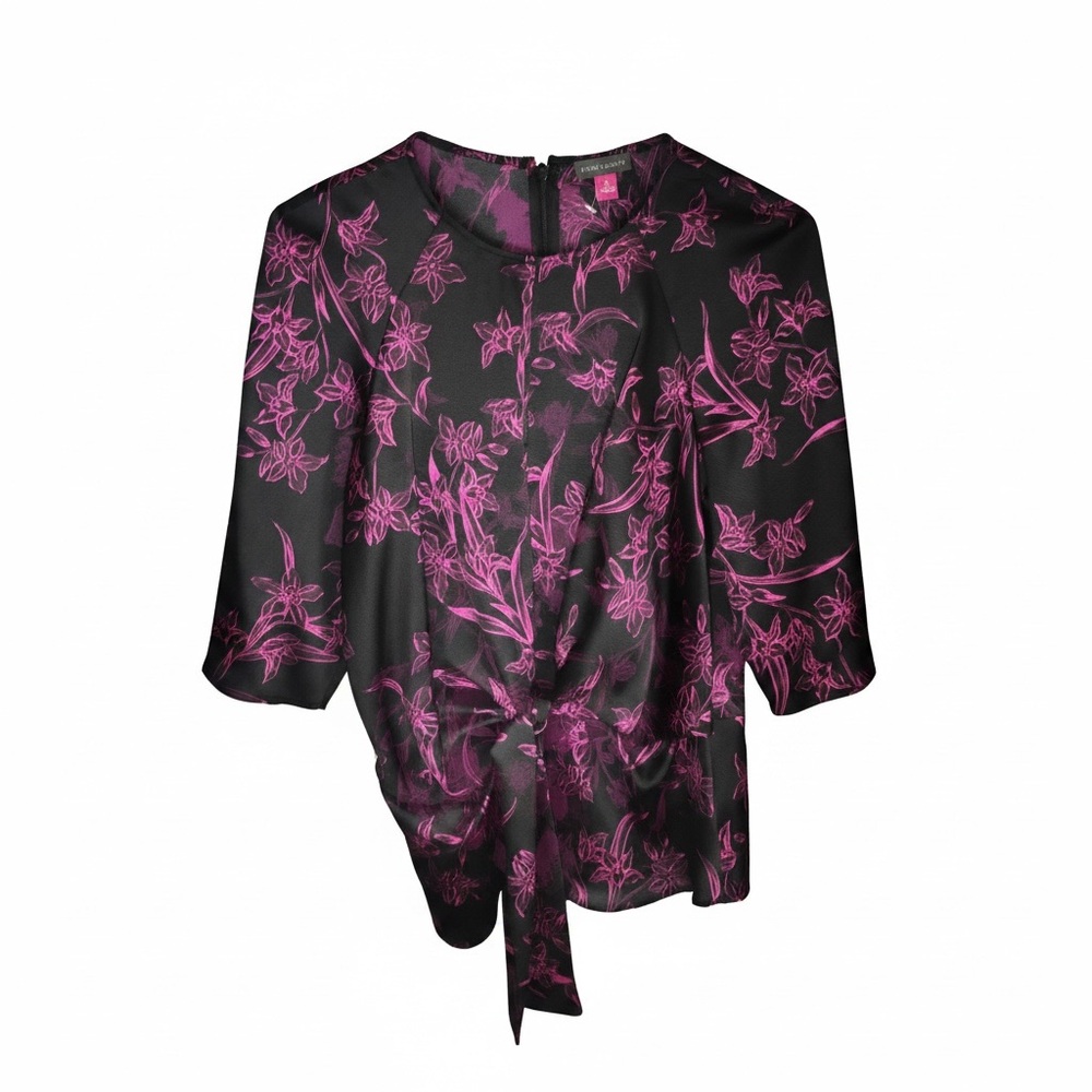 Vince Camuto Black Blouse with Fuchsia Floral Tie-Front
